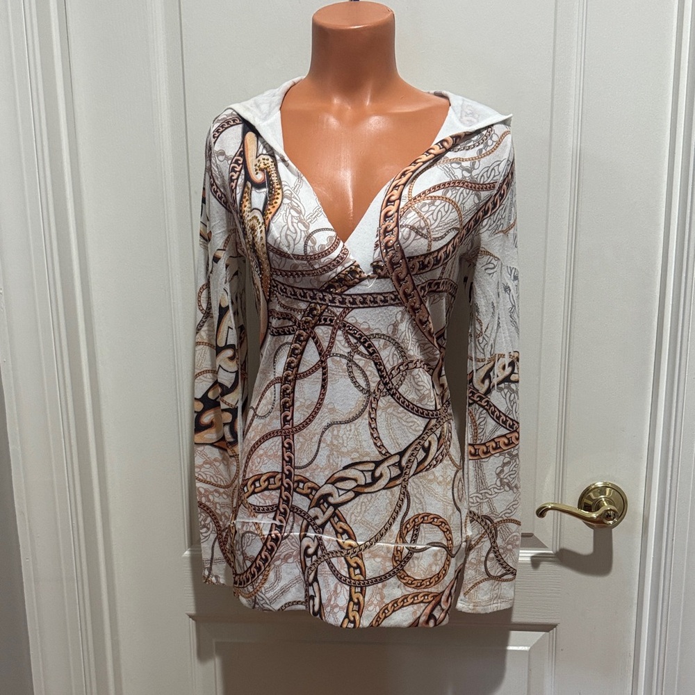 CACHE Ivory Gold Embellished Chain Print Hooded Surplice Sweater M Medium $88 KL